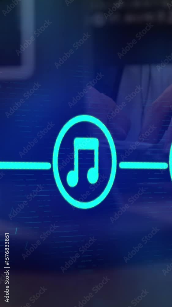 Poster animation of network of connections with icons over caucasian businessman using computer