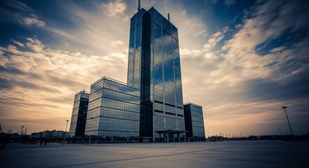 Modern skyscraper with glass facade reflecting the sky, standing tall against a dramatic cloudscape.