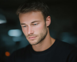 Fototapeta premium A handsome man with a beard and short hair looks down with a contemplative expression.