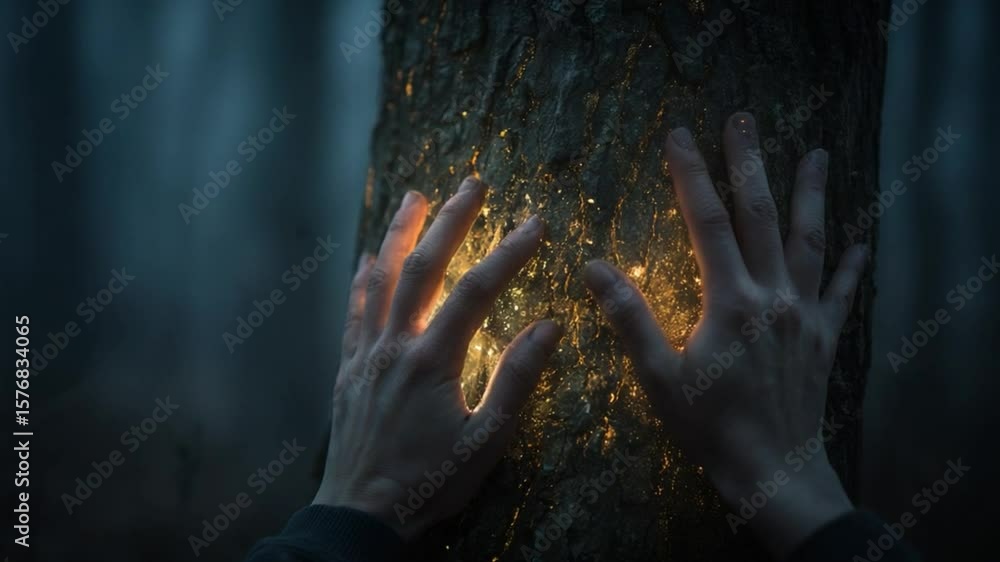 Poster hands gently touching a tree with glowing bark in a mystical forest environment at dusk