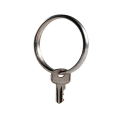 A close up shot of a silver key hanging from a silver keyring against a black background in studio...