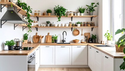 Modern, bright kitchen with plants and wooden shelves