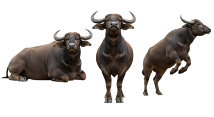 Three Water Buffaloes in Different Poses Against a White Background.