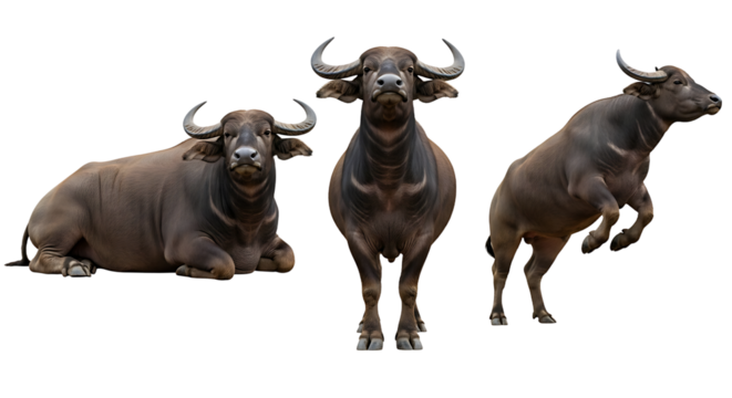 Three Water Buffaloes in Different Poses Against a White Background.