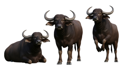 Three Water Buffaloes in Diverse Poses Against a White Background.