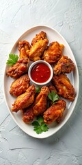 Crispy fried chicken wings with tangy BBQ sauce on a white plate top view