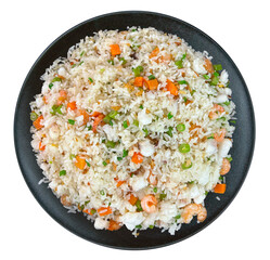 Seafood fried rice. Prawn fried rice with eggs and vegetables in black bowl. Asia chinese food cuisine