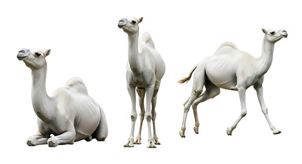 Fototapeta premium Three White Camels in Various Poses Against a Transparent Background.