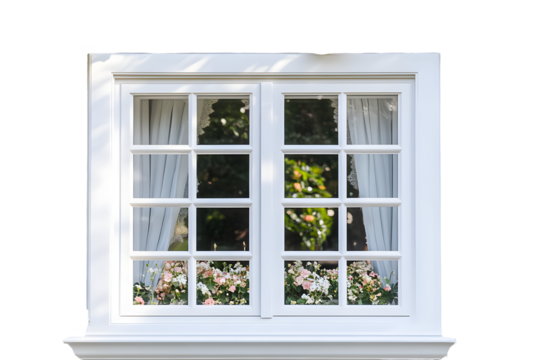 Elegant white window adorned with delicate flowers, offering a serene view