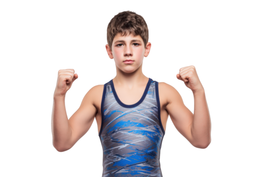 A young wrestler is posing with his fists up and a serious expression isolated on transparent background