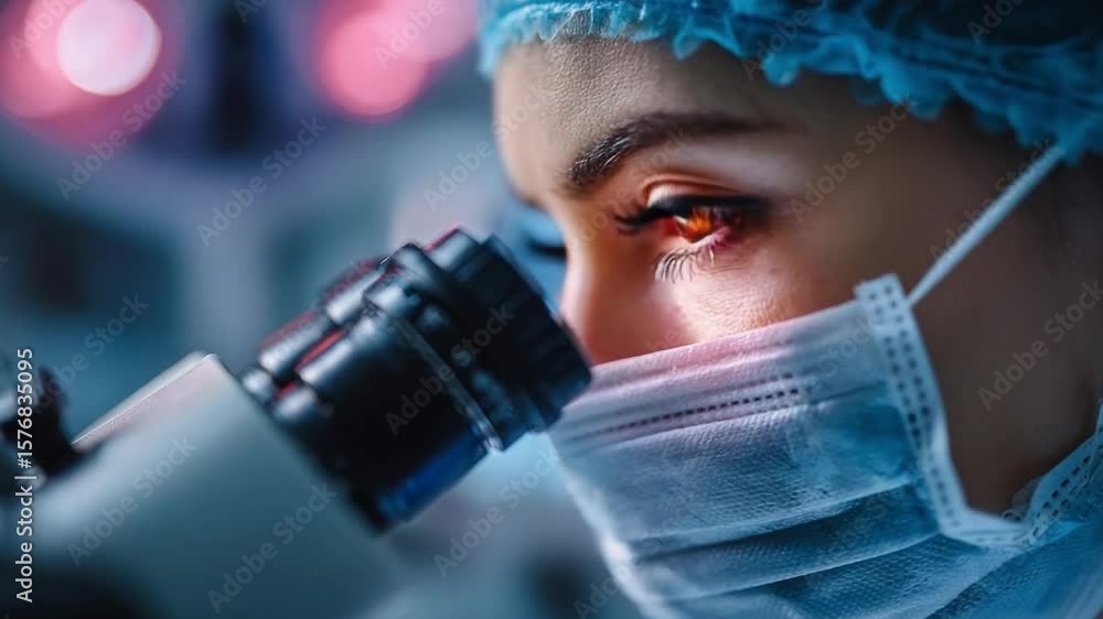 Poster close-up image of a researcher using microscope in laboratory setting with focus on eye and equipmen