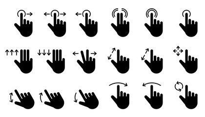 Hand touchscreen gestures with arrow icon set. Pointer cursor сomputer mouse icon. Clicking cursor, pointing hand clicks icons. Click cursor. Vector Illustration.