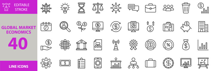 Global Market Economics icon set. Containing Vector pictograms of presentation, dollar, networking, badge, bank, money, invest, investment, stocks and more editable icons. Victor Illustration.