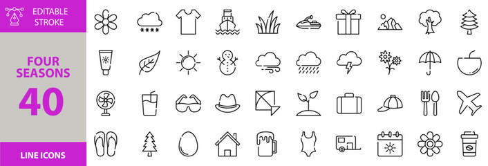 Four Seasons icon set. Containing Vector pictograms of slipper, plastic, flower, calendar, caravan, swim suit, beer mug, home, fan, glass, coconut, sun and more editable icons. Victor Illustration.