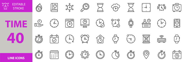 Time icon set. Containing Vector pictograms of alarm, time, computer, wall clock, clock, hour glass, cloud, stopwatch, calendar, setting, pin point and more editable icons. Victor Illustration.