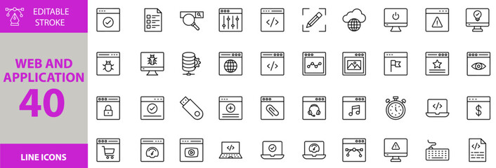 Web and Application Programming icon set. Containing Vector pictograms of web browser, document, computer, laptop, stopwatch, usb drive, cloud computing and more editable icons. Victor Illustration.