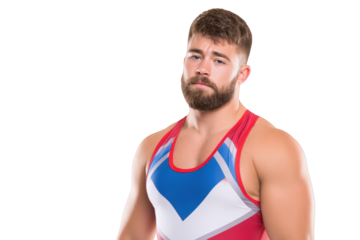 A muscular wrestler in a singlet looks away with a serious expression, isolated on transparent background