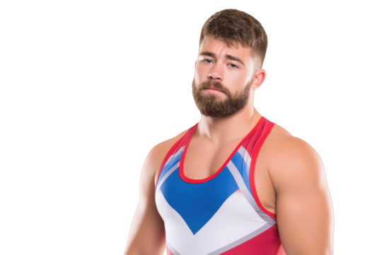 A muscular wrestler in a singlet looks away with a serious expression, isolated on transparent background