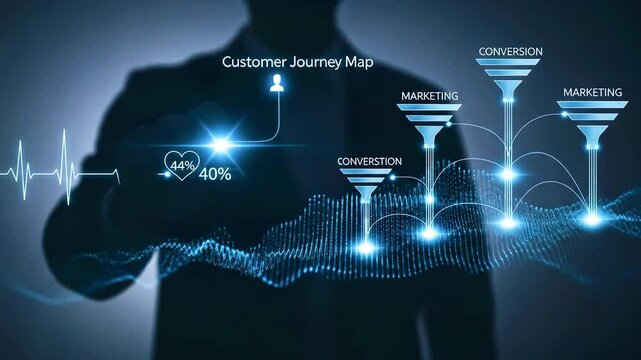 Business professional analyzing customer journey map with conversion metrics and marketing funnels