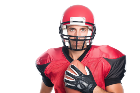 An american football player in full gear holds a football, looking intensely at the camera, isolated on transparent background