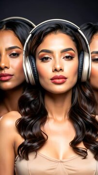 Three elegant women wearing headphones against a dark backdrop