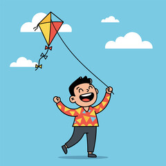 Cartoon child wearing a triangle-patterned sweater flies a red and yellow kite with bow-shaped tails under a bright blue sky with scattered clouds.