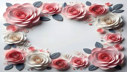 Beautiful red rose frame with pink flowers and green leaves, perfect for wedding or Valentine's Day cards to express love