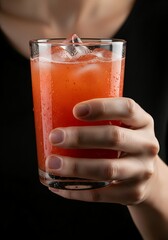 A hand holding a glass of a refreshing red iced beverage, like fruit punch or juice. A concept for summer drinks and cocktails.