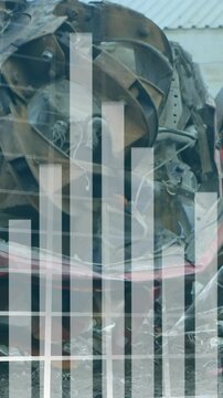 Animation of statistical data processing over crane operating at junkyard