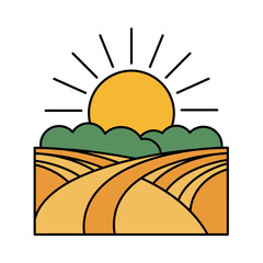 Sunrise over rolling fields with green bushes and warm colors  