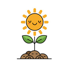 Happy sun shining over sprouting plant with soil below  