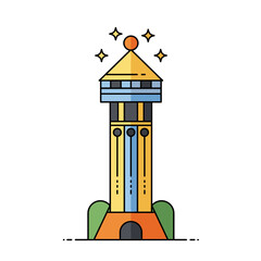 Colorful tower with shining top and stylized landscape elements  