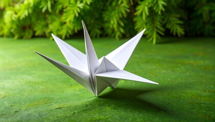 White Origami Star on Textured Green Background with Evergreen Branches