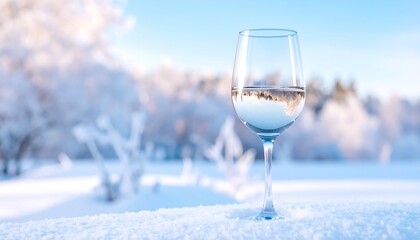 Wine Glass on Snow with Forest Background in Winter Season Under Clear Sky on Sunny Day