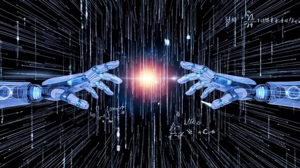 Futuristic robotic hands reaching towards a glowing center in a digital space filled with equations - Powered by Adobe