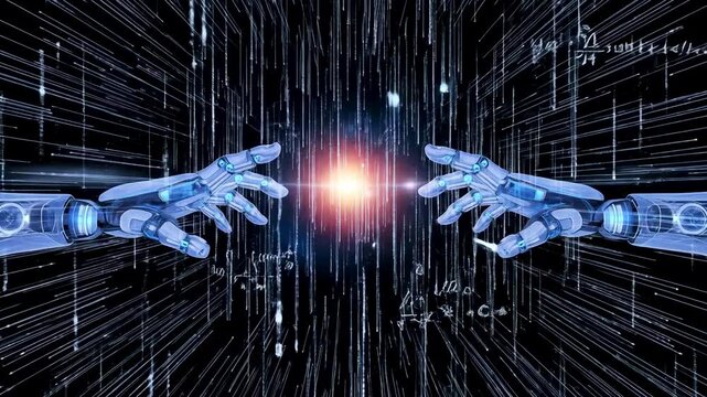 Futuristic robotic hands reaching towards a glowing center in a digital space filled with equations - Powered by Adobe