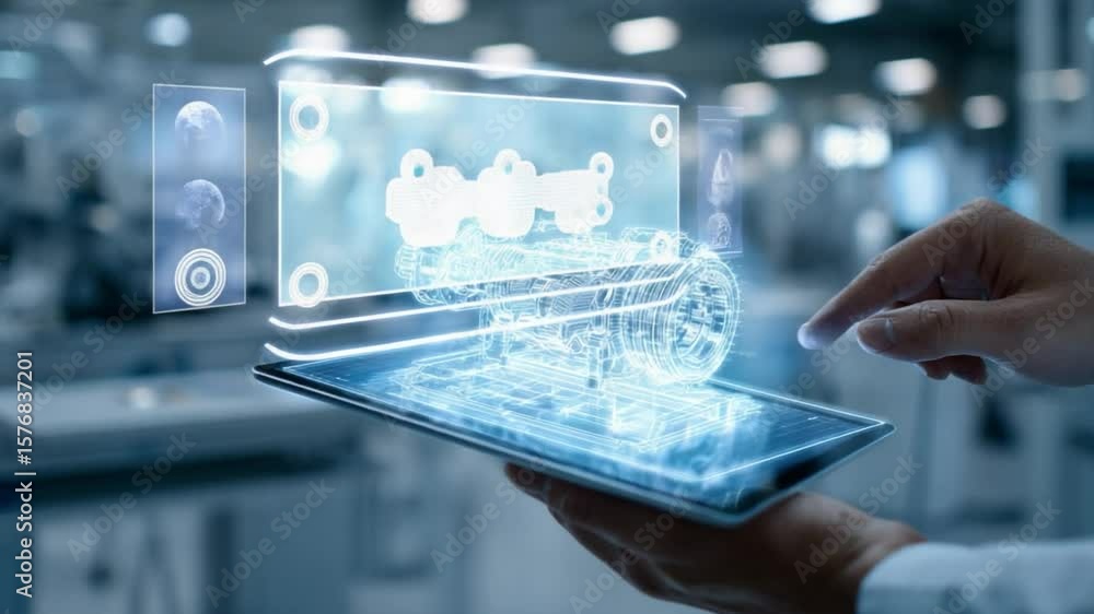 Poster engineer examining holographic blueprint of engine component on digital tablet in high-tech manufact