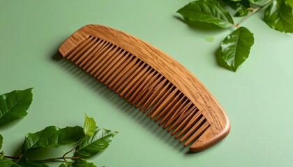 Wooden Hair Comb Close Up with Green Leaves on a Green Background in Studio Lighting