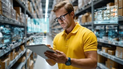 Warehouse Data Insights: A focused warehouse manager, armed with a tablet, meticulously analyzes data visualizations amidst rows of storage shelves, illustrating the integration of technology. - Powered by Adobe