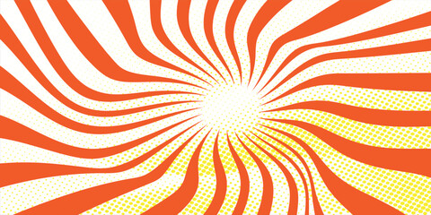 Vibrant retro sunburst background with orange and yellow swirling rays and halftone texture