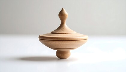 Wooden Spinning Top Close Up on White Background Studio Still Life