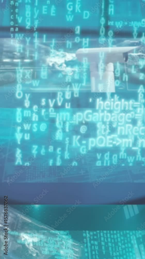 Poster animation of multiple screens with data processing against aerial view of conference room at office