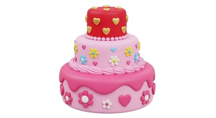 Delicious Three-Tiered Birthday Cake with Pink Frosting, Red Hearts, and Colorful Flowers