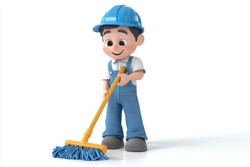 Janitor mopping floor 3d render cartoon character on white background