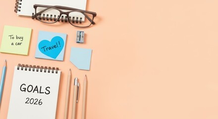 Goals 2026 notebook with To buy a car and Travel sticky notes glasses and pencils