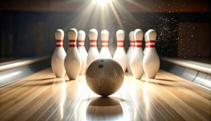 Bowling Ball Approaching Pins in Retro Bowling Alley Setup