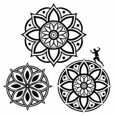 Abstract symmetrical mandala designs with running figure floral pattern