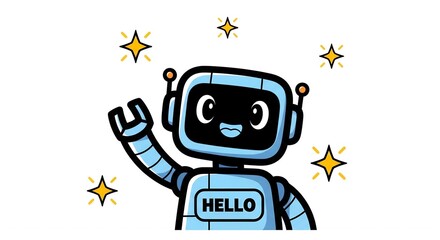 Naklejka premium Cheerful Blue Robot Character Waving Hello, Friendly AI Bot Illustration, Digital Art