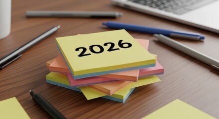Stack of colorful sticky notes with the year 2026 prominently displayed