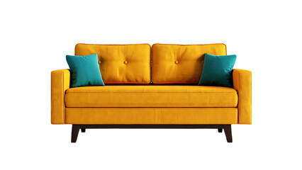 Mid-Century Modern Mustard Yellow Sofa with Teal Pillows Stylish Living Room Furniture